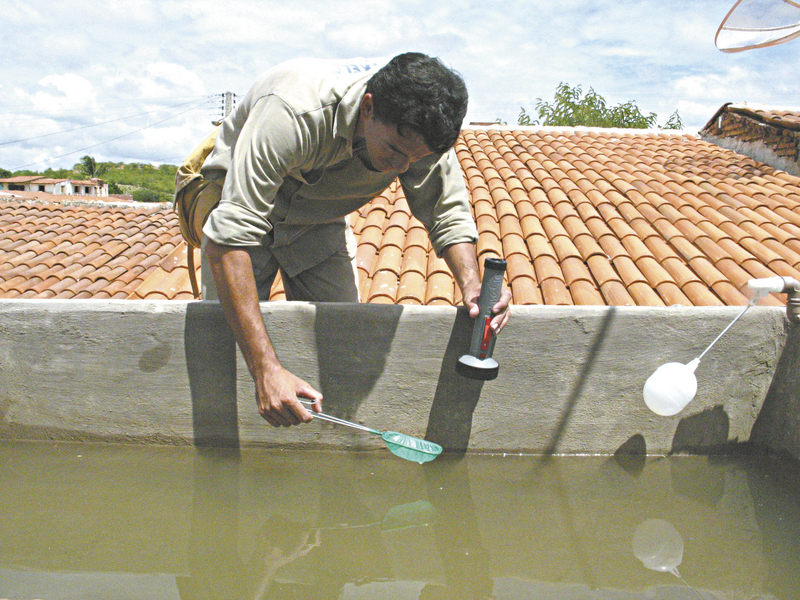 Agente de endemias faz trabalho de verificaÁ„o de possÛivel foco de mosquito transmissor da dengue em caixa d'·gua. em Iguatu;